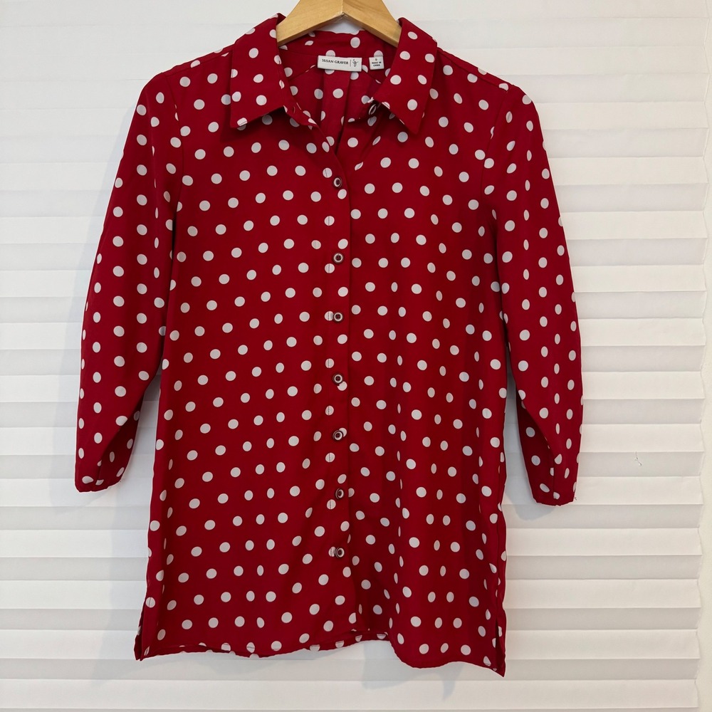 Susan Graver Red Polka Dot Button Front Blouse 3/4 Sleeve S Chic Contemporary